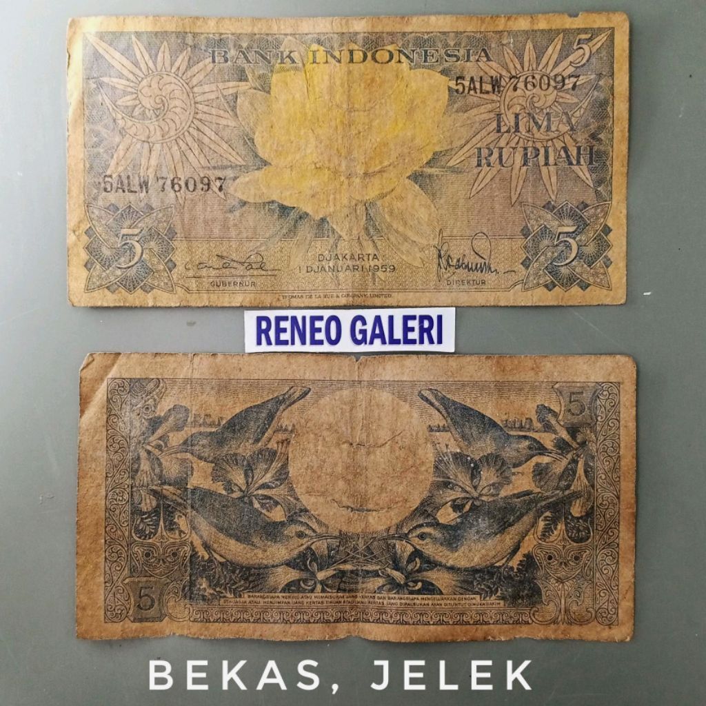 Jelek Asli 5 Rupiah Seri Bunga Tahun 1959 Rp Uang kertas kuno duit lama original Koleksi burung ungg
