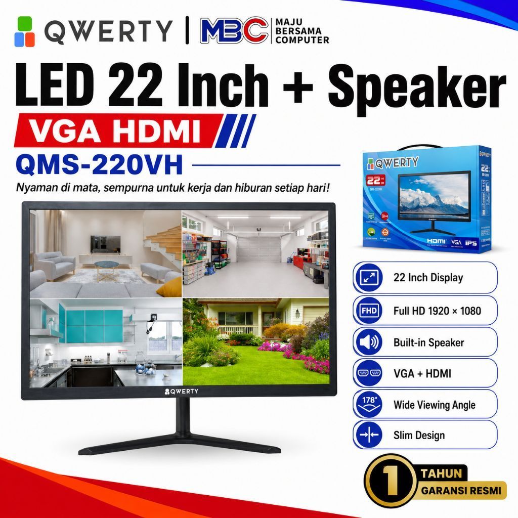 Monitor QWERTY 22 Inch QMS-220VH Full HD VGA HDMI Built In Speaker Monitor Komputer PC CCTV Kantor G