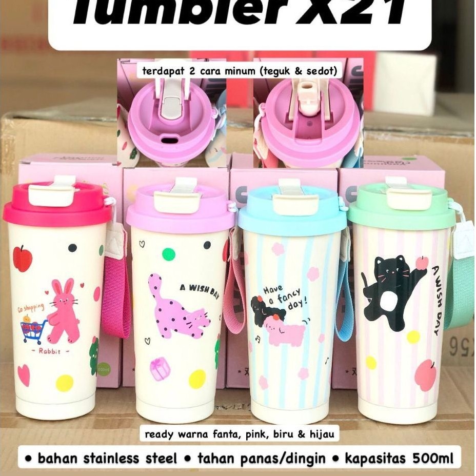 Tumbler x21 uk 500ml Stainless Steel dengan Tali, 2 Cara Minum Teguk & Sedot, Motif Lucu Warna Fanta