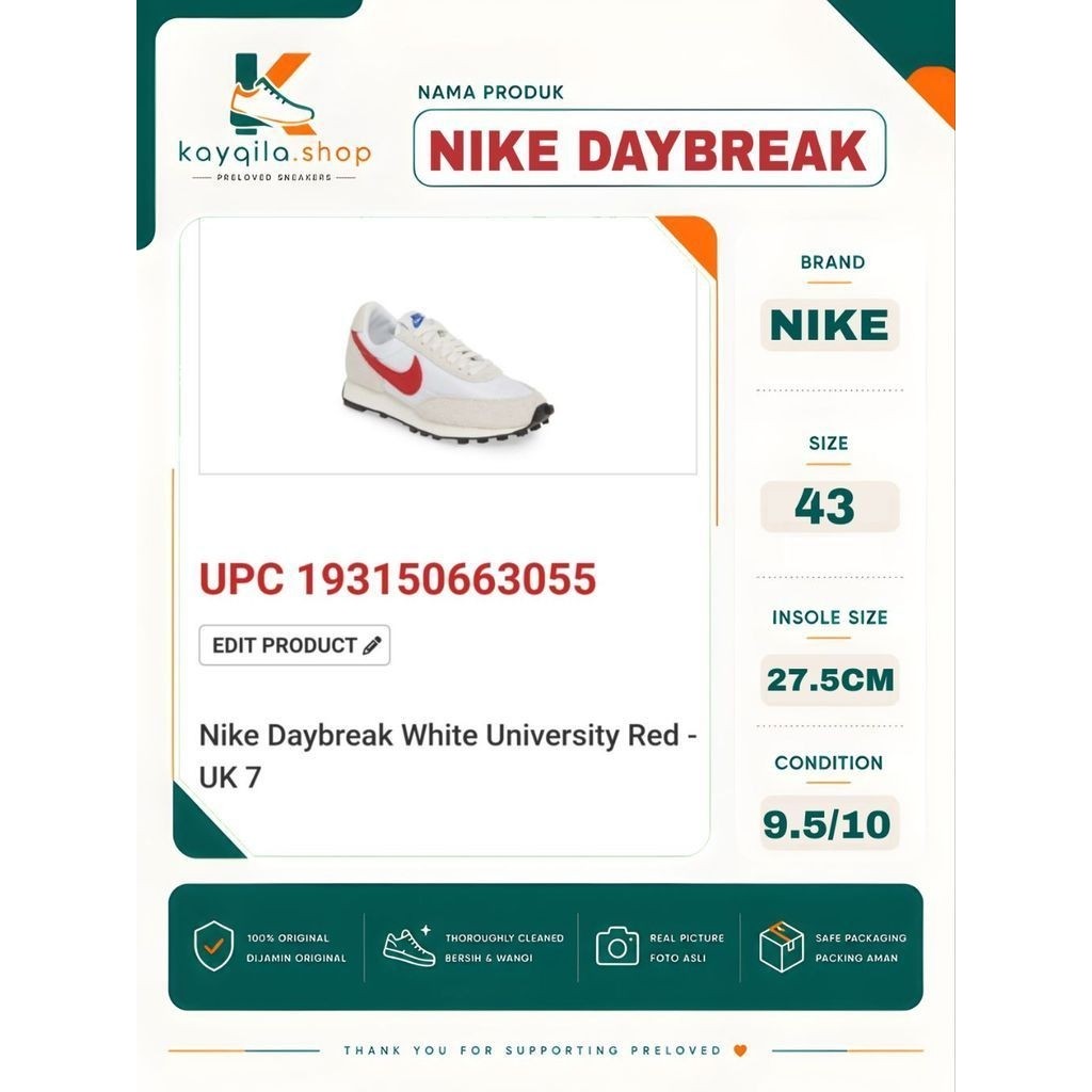 Sepatu Preloved Second Original Nike Daybreak Size 43