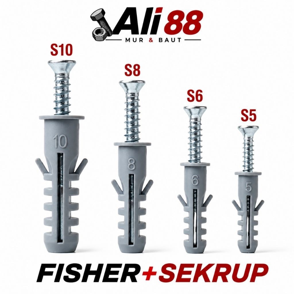 Paket Sekrup + Fischer S5 S6 S8 S10 (satu set fisher dan sekrup) Dinding Tembok Beton