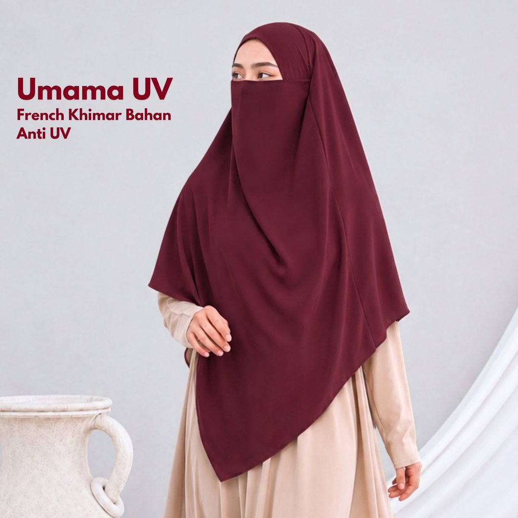 UMAMA - French khimar anti UV kerudung syari cadar tali Instan medium fk burgundy By Zephyr Wai