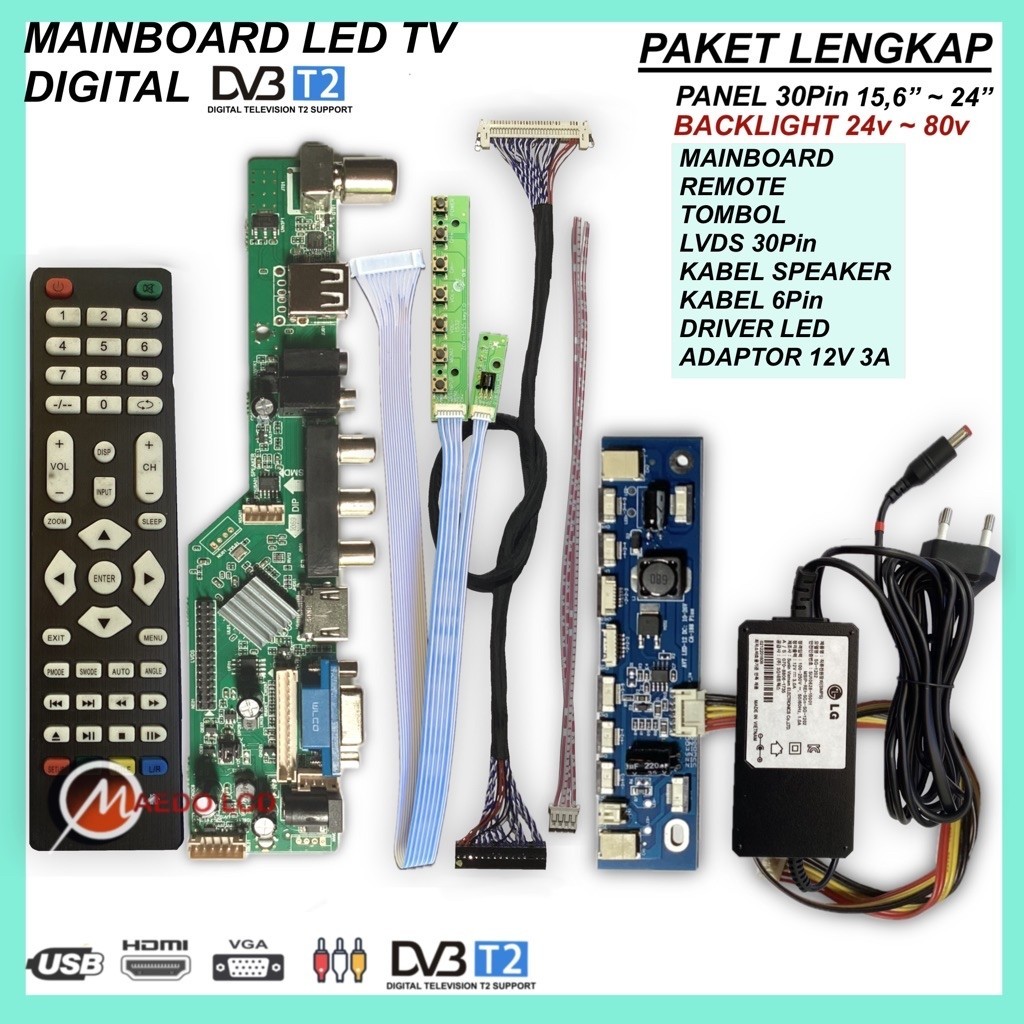 Universal LED TV Board Digital DVBT2 | Paket lengkap Panel LED 15.6"- 24" 30pin