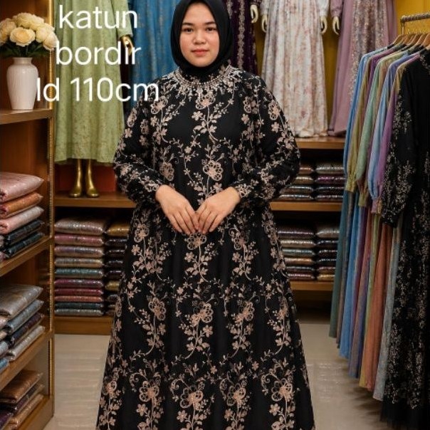 GAMIS KATUN BORDIR KOMBINASI TUTU TILE BRAN BALIMO   SIZE STANDAR  LD 110 cm
