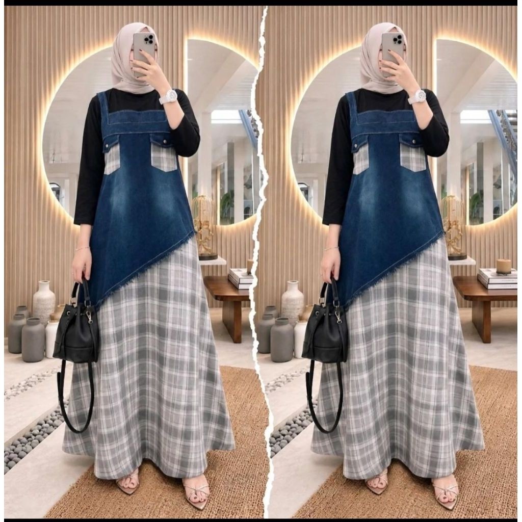 Gamis overall kotak mix katun terbaru