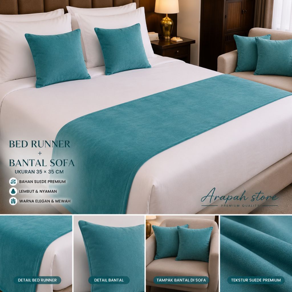 Bed Runner Selendang Kasur hotel villa | polos elegan set sarung + Bantal 35×35