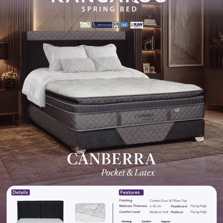 [ Pre Order ] Springbed Kangaroo Canberra Pocket & Latex Spring Bed 42 cm Medium Soft dengan Headboa