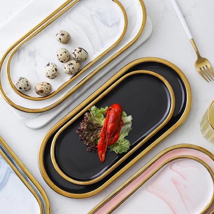 Nampan Piring Oval Keramik Marble Tray List Gold Grey Pink Jasmine Ceramic Hoomey