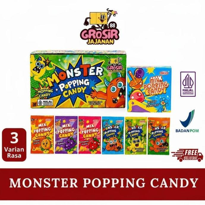 TERLARIS PERMEN MONSTER POPPING CANDY MIX FRUIT LUVMI ISI 40 PCS