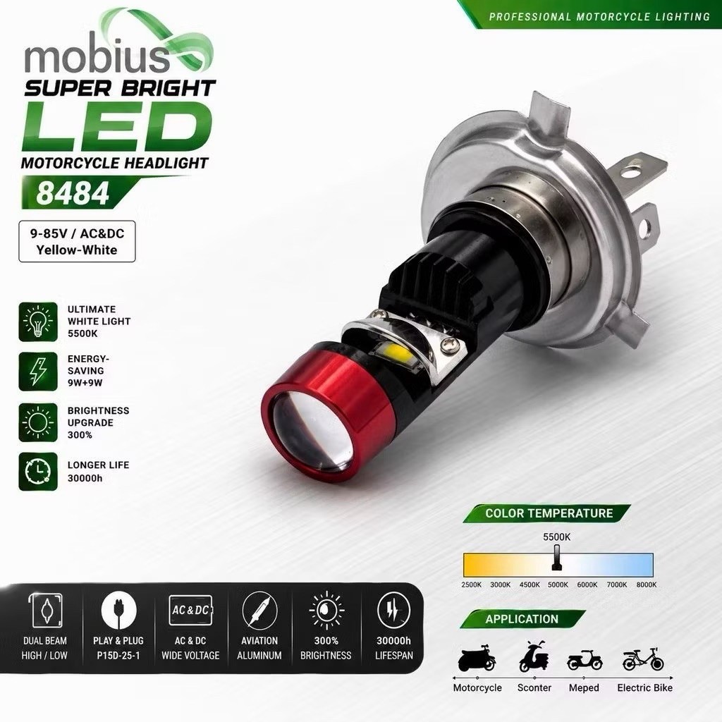 Lampu Depan LED Projector MOBIUS 8484 Dudukan H4 LAMPU DEPAN H4 MODEL LASER KAKI 3 CAHAYA PUTIH/KUNI