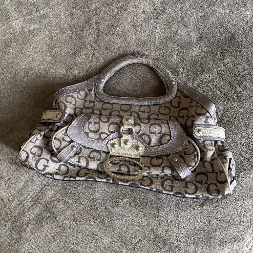 GUESS Monogram Logo Satchel Bag Silver Croc Trim Rhinestone G Buckle Y2k Handbag