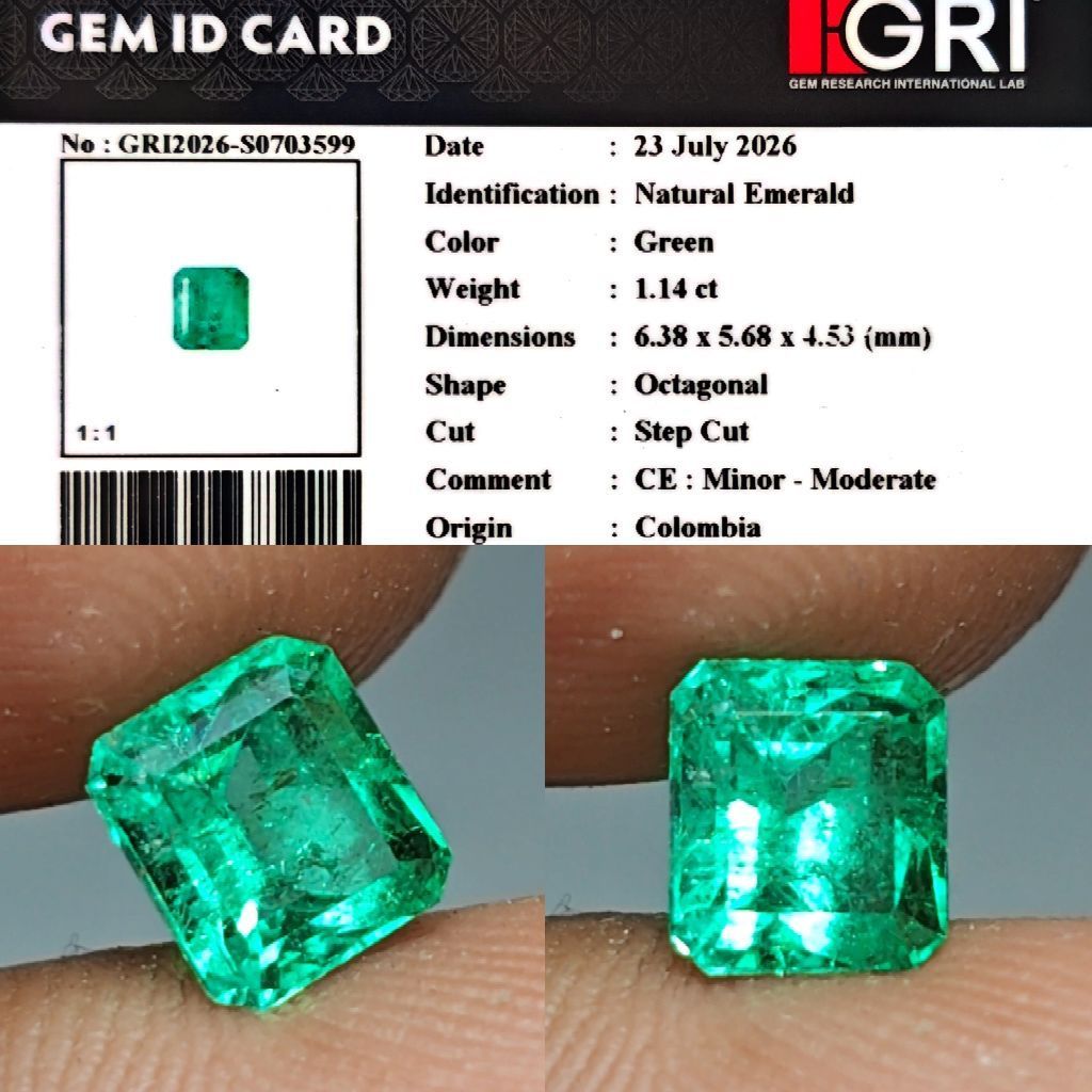Natural Zamrud Emerald Colombia 1.14ct GRI Top Crystall Full Luster Gemericik Nice Color Body Kaca M