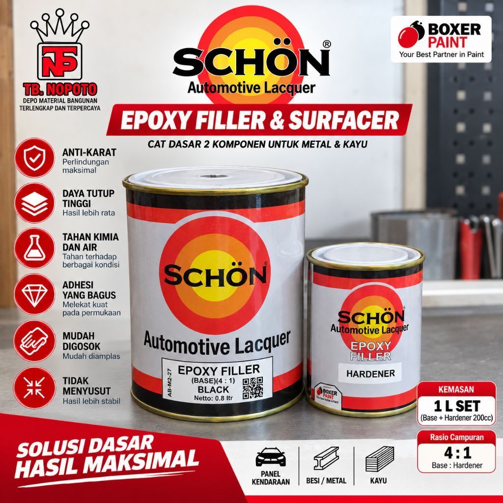 SCHÖN Epoxy Filler & Surfacer 1L Set + Hardener 200cc | Cat Dasar Epoxy Metal Kayu