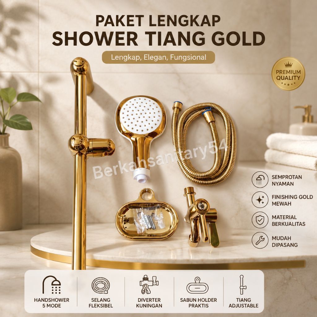 Paket Komplit Shower Tiang Dingin Gold + Kran Cabang Gold/Shower Tiang Set/Kran Shower Gold