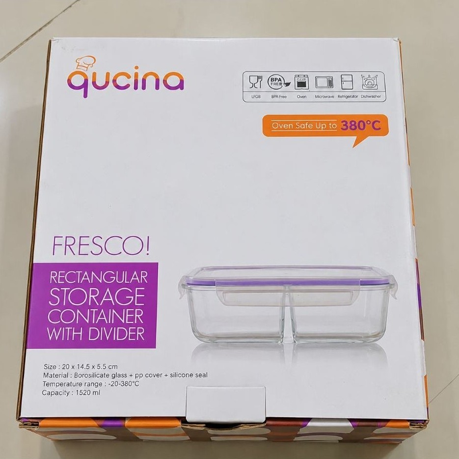 Qucina Fresco Rectangular Storage Container with Divider 1520 ml Borosilikate Glass Oven Safe 380°C
