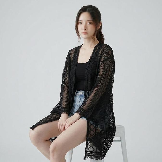 Joca - Tasya Outer Brokat Renda Wanita Cardigan Lace Transparan Beach Cover Up Kimono Panjang