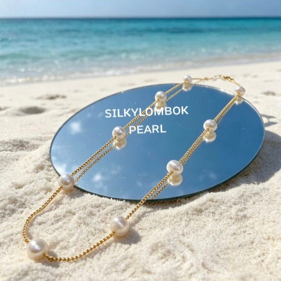Kalung rhodium mutiara air tawar asli Kalung full mutiara air tawar asli lombok Kalung mutiara oval 