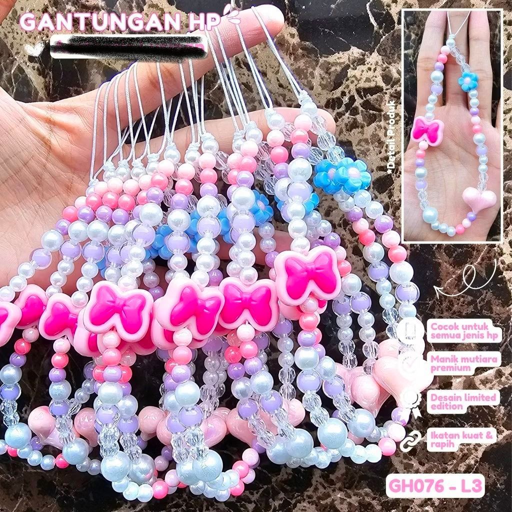 Gantungan HP GH076-L3 manik mutiara premium desain limited edition ikatan kuat rapuh