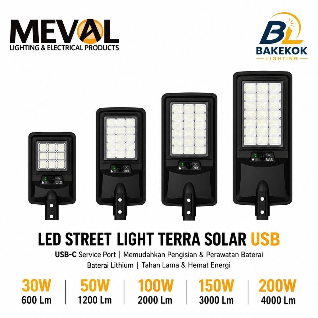 Lampu PJU Tenaga Surya MEVAL Terra Solar LED Street Light 30W 50W 100W 150W 200W USB-C