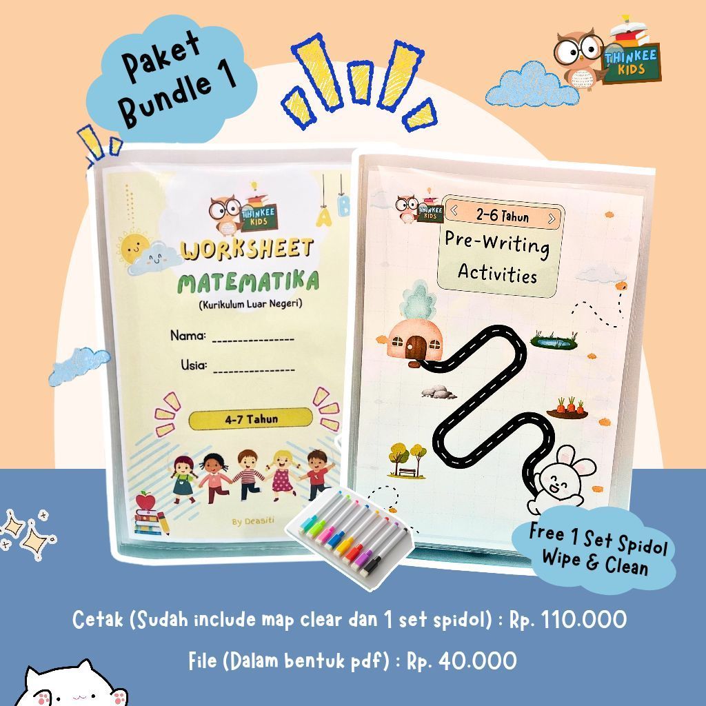 Worksheet Edukasi Anak | Paket Bundle 1 | Free Map clear holder dan 1 Set Spidol Wipe & Clean