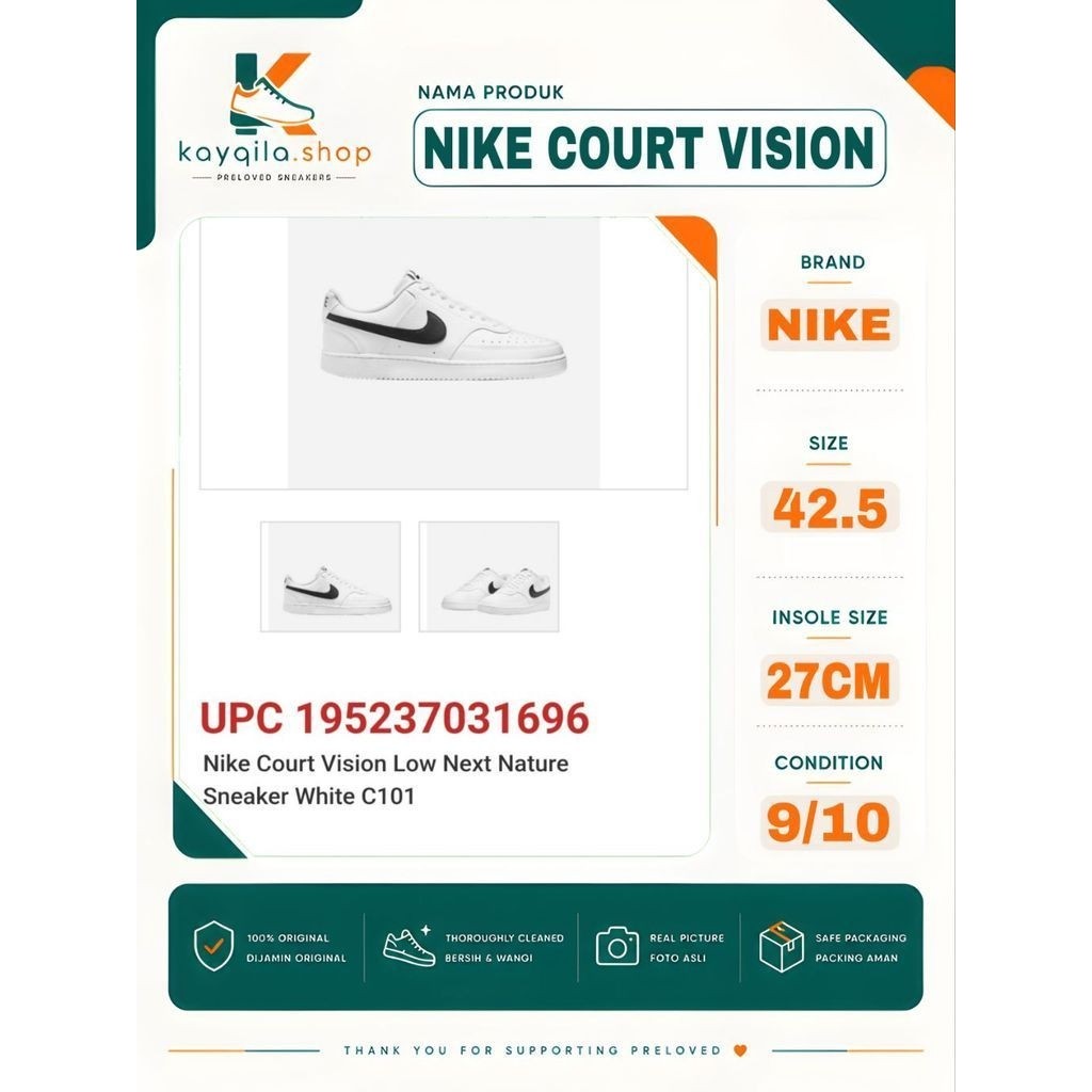 Sepatu Nike Court Vision Low Size 42 Preloved Second Original