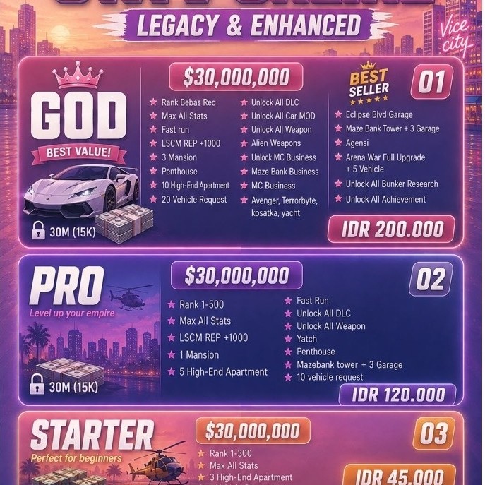 Paket Tamat gta 5 online  All Unlocked Joki Gta V online Enhanced & Legacy boost level money uang dl