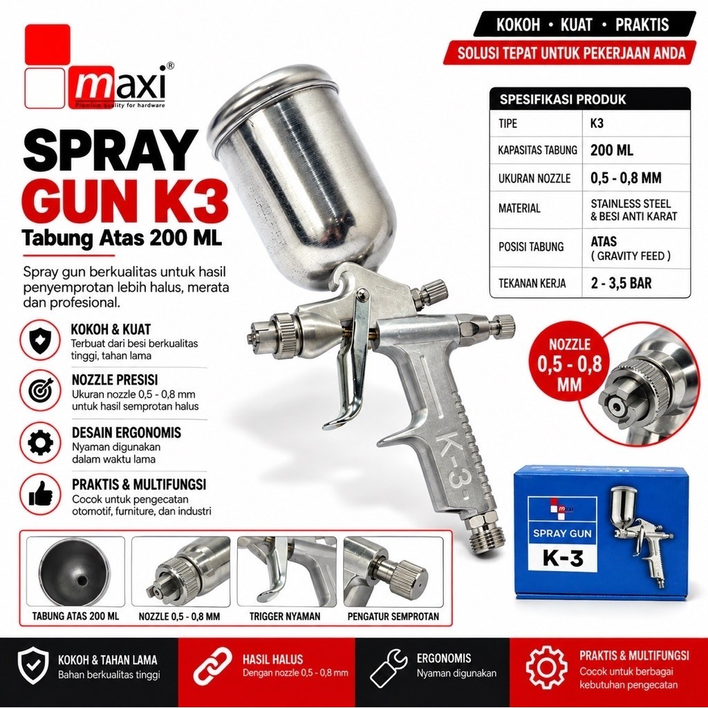 Spray Gun K3 Tabung Atas 200 ML model meiji / Alat Semprot Cat K-3 Serbaguna Original  - MAXI