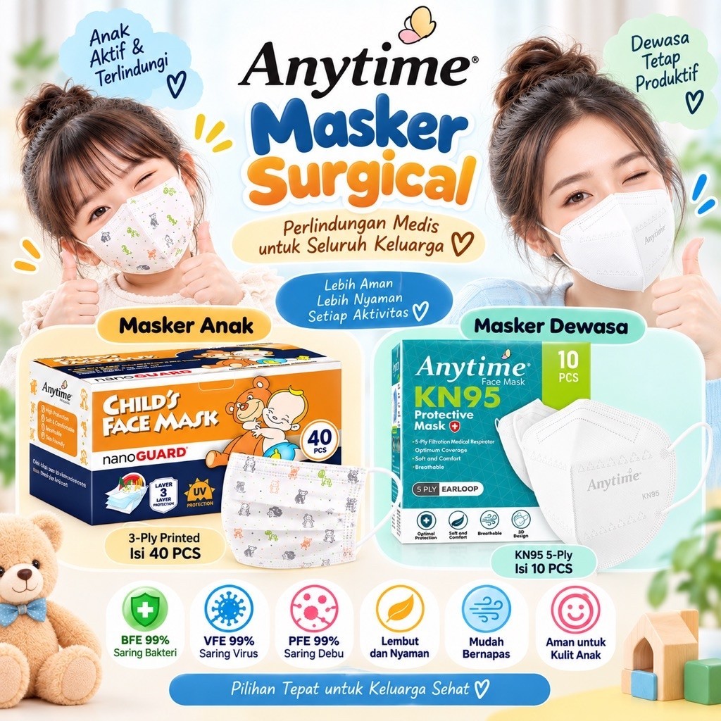 Anytime Masker Medical Protective 3PLY 4PLY KN95 Duckbill Anak Anti UV Sinar Matahari Masker Bayi An