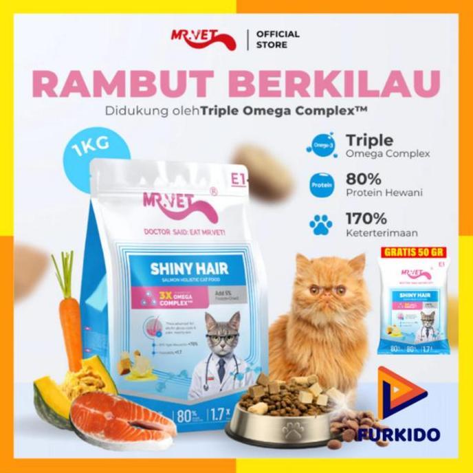 TERMURAH - MrVet E1 Cat Shiny Hair Salmon Holistic 1 Kg / Triple-Omega Triple Glow Dari Salmon Norwe