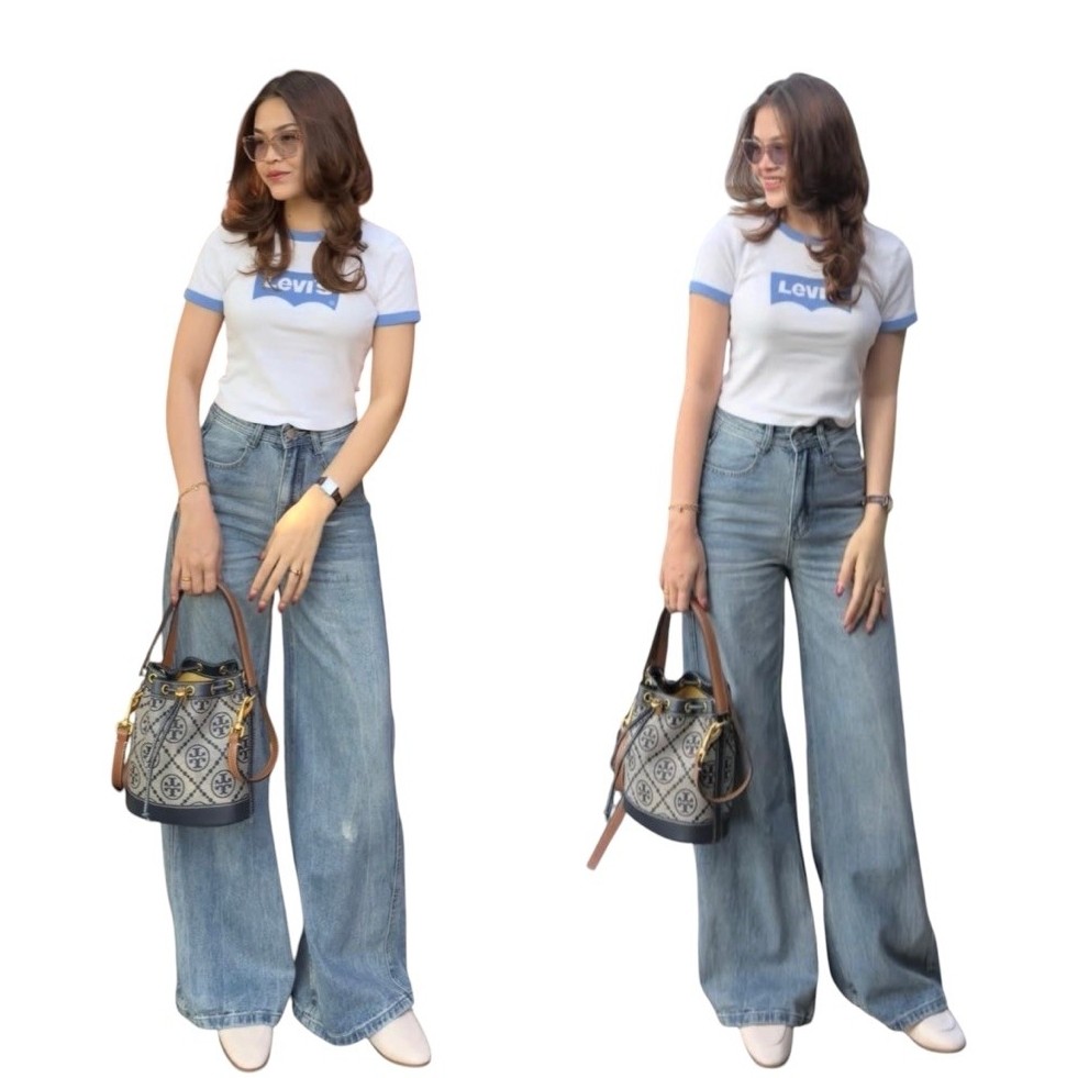 TheGirlHouse - kulot high waist wide leg full spray viona | celana loose jeans wanita kaki lebar | b