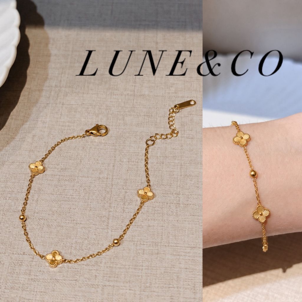 SS12/SS6 Set Kalung & Gelang Clover Mini 7MM Full Gold/Silver Kombinasi Permata Titanium Stainless P