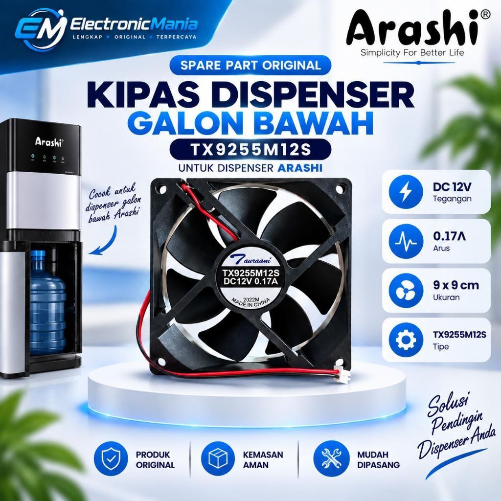 Kipas Dispenser ARASHI TX9225M12S DC12V 0.17A 9x9 | Fan Cooling Arashi NEW ORIGINAL