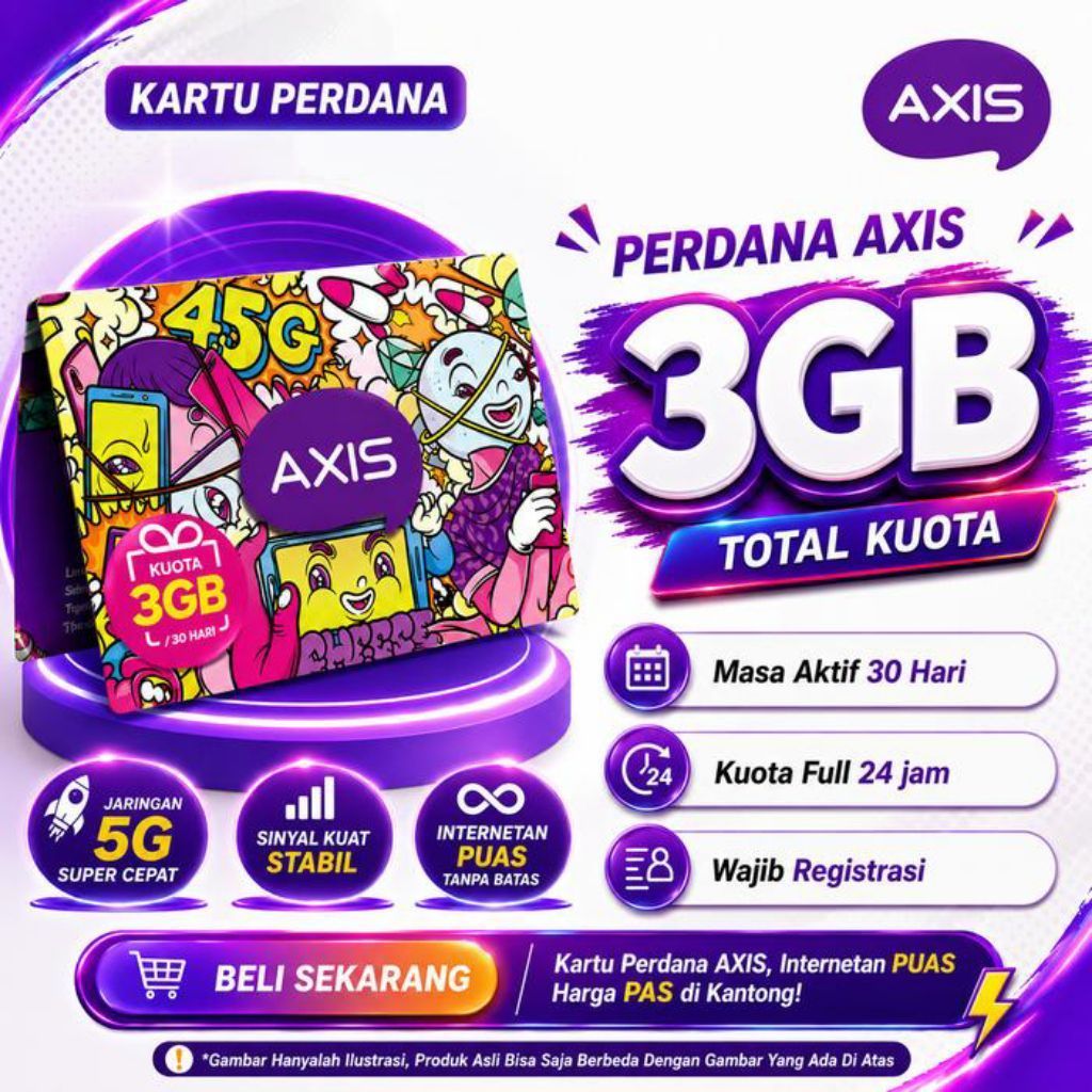 Kartu Perdana AXIS 3GB Total Kuota Masa Aktif 30 Hari Jaringan 5G