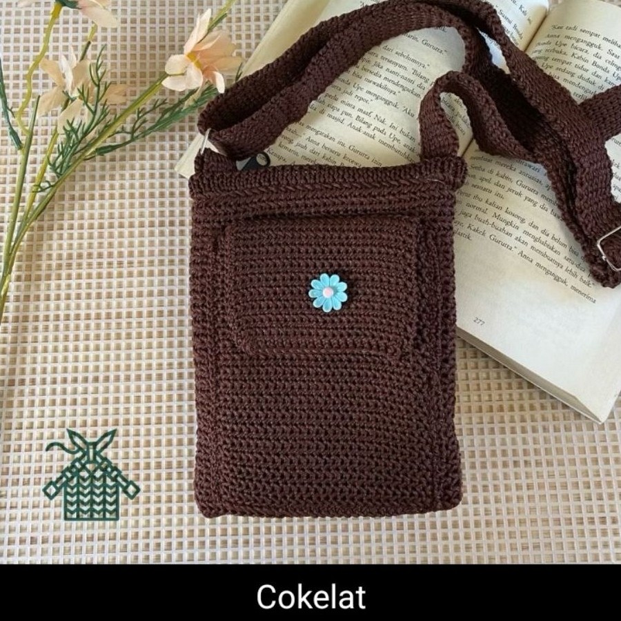 tas rajut hp, tas rajut warna cokelat, tas hp, tas rajut