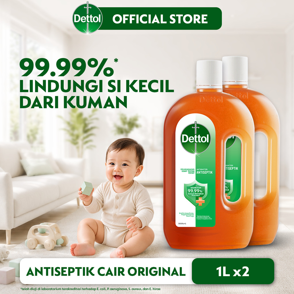 Dettol Antibakteri & Antiseptik Disinfektan Cair (2 pcs) - 1lt (Antiseptik Cair Serbaguna Untuk Meli