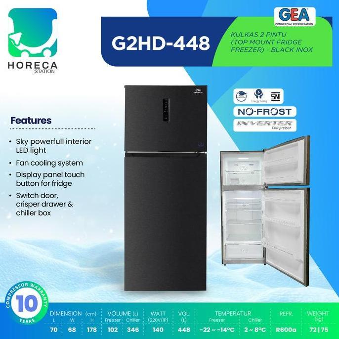 Gea Kulkas Rumah 2 Pintu Black Inox G2Hd-448 / G2Hd 448 / G2Hd448