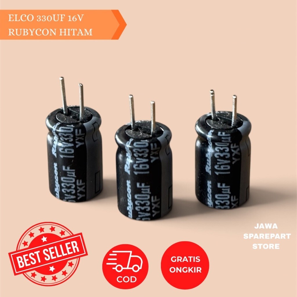 ELCO 330UF 16V RUBYCON HITAM KAKI PENDEK ORIGINAL