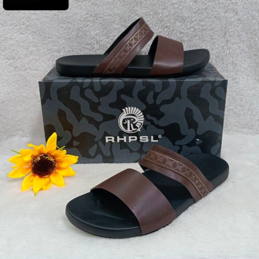 Sandal wanita RHPSL tali ganda warna cokelat hitam model slip on kasual