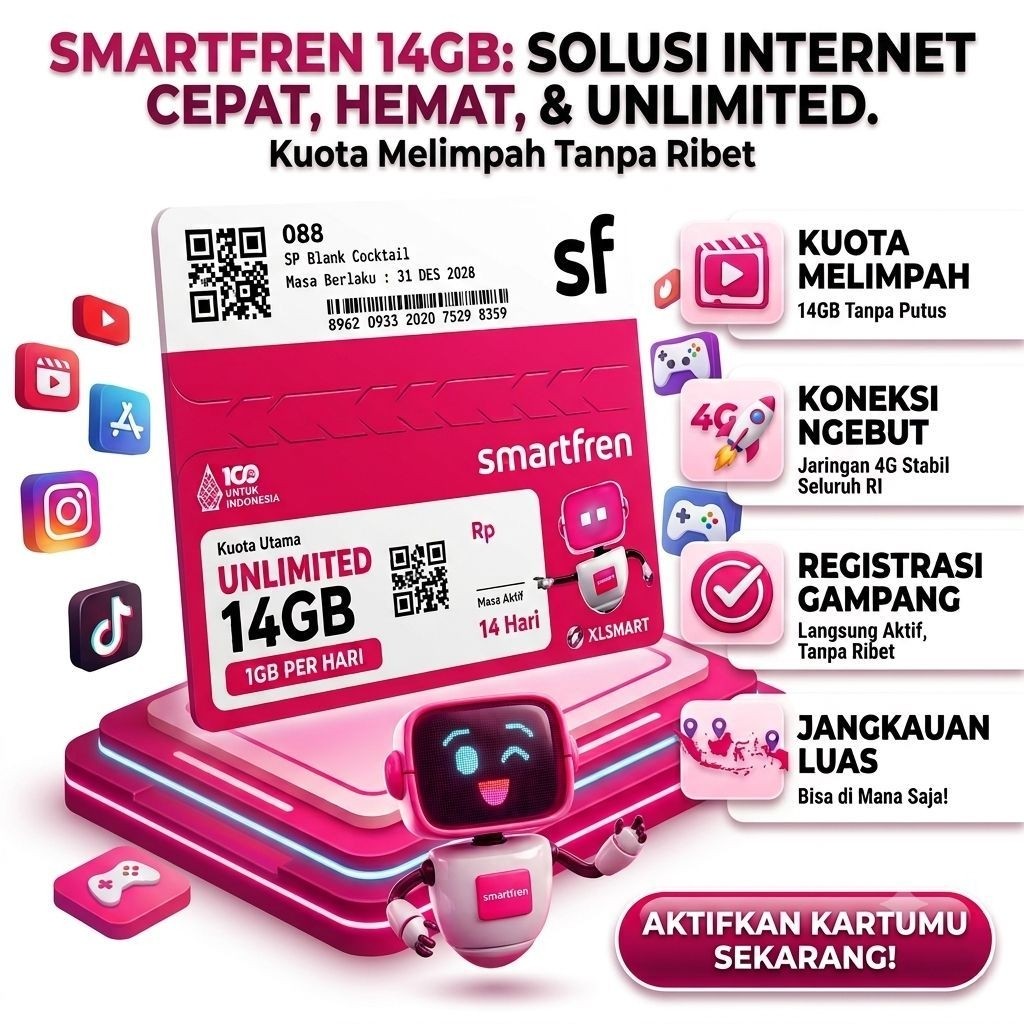 Kartu Perdana Smartfren Unlimited 14GB 1GB per Hari 4G XL Smart 14 Hari