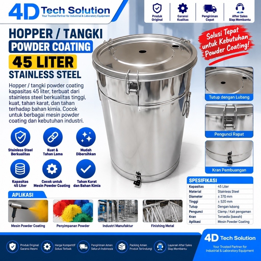 hopper/Tangki Mesin Powder Coating 45 Liter Stainless stell