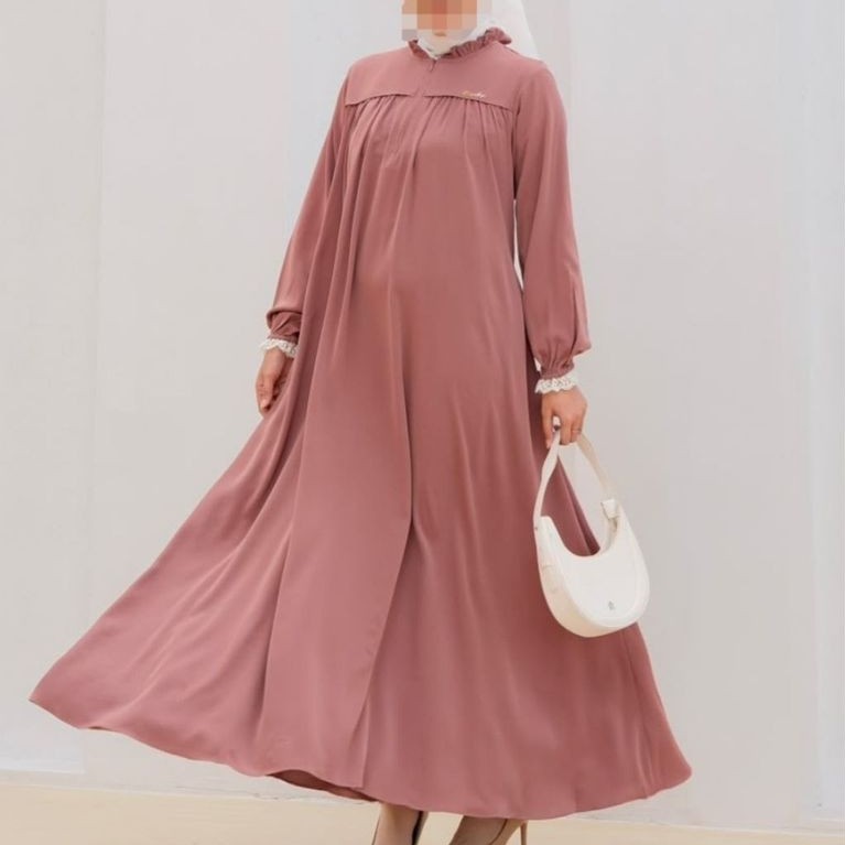 MAWBLY Gamis Polos Lengan Renda Darby Model Kerah Ruffle
