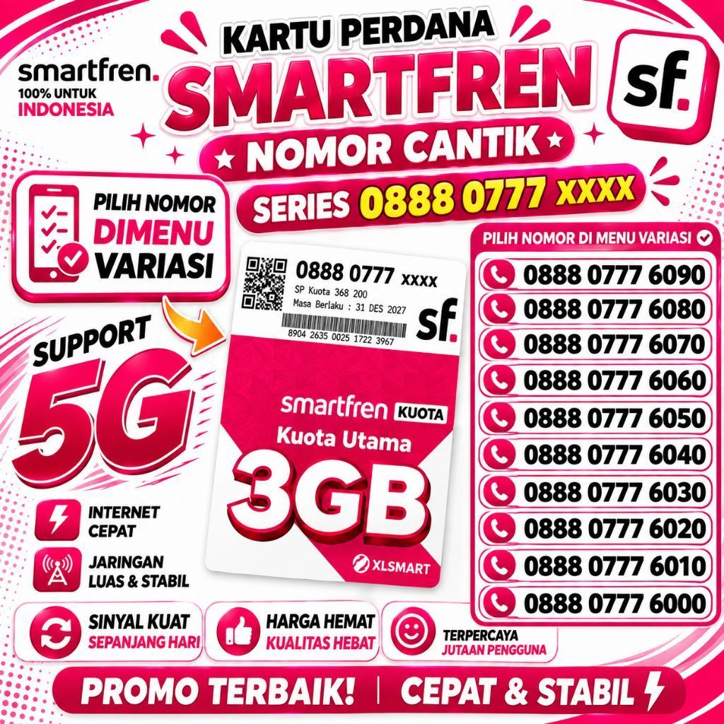Smartfren Kartu Perdana Nomor Cantik Series 0888 0777 xxxx Kuota Utama 3GB Support 5G #Segel Baru