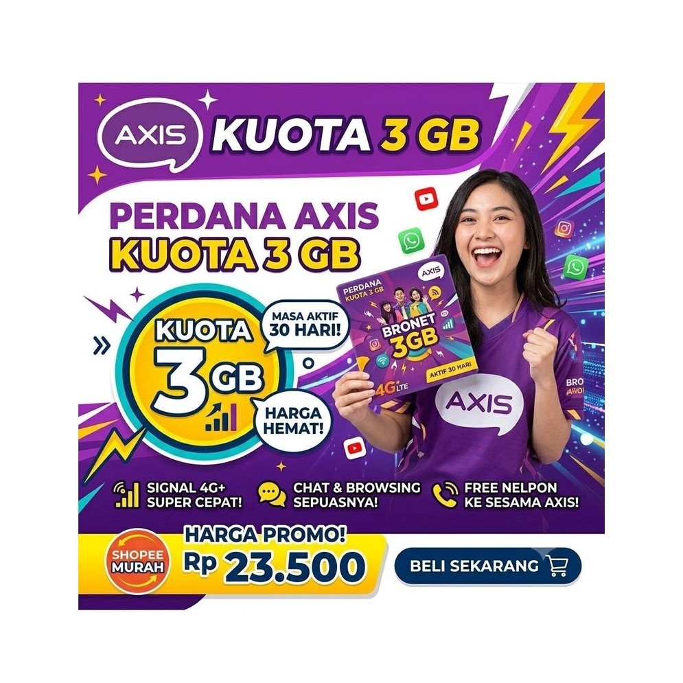 Data Internet AXIS Bronet 3GB 30 Hari Signal 4G+ Chat & Browsing Free Nelpon