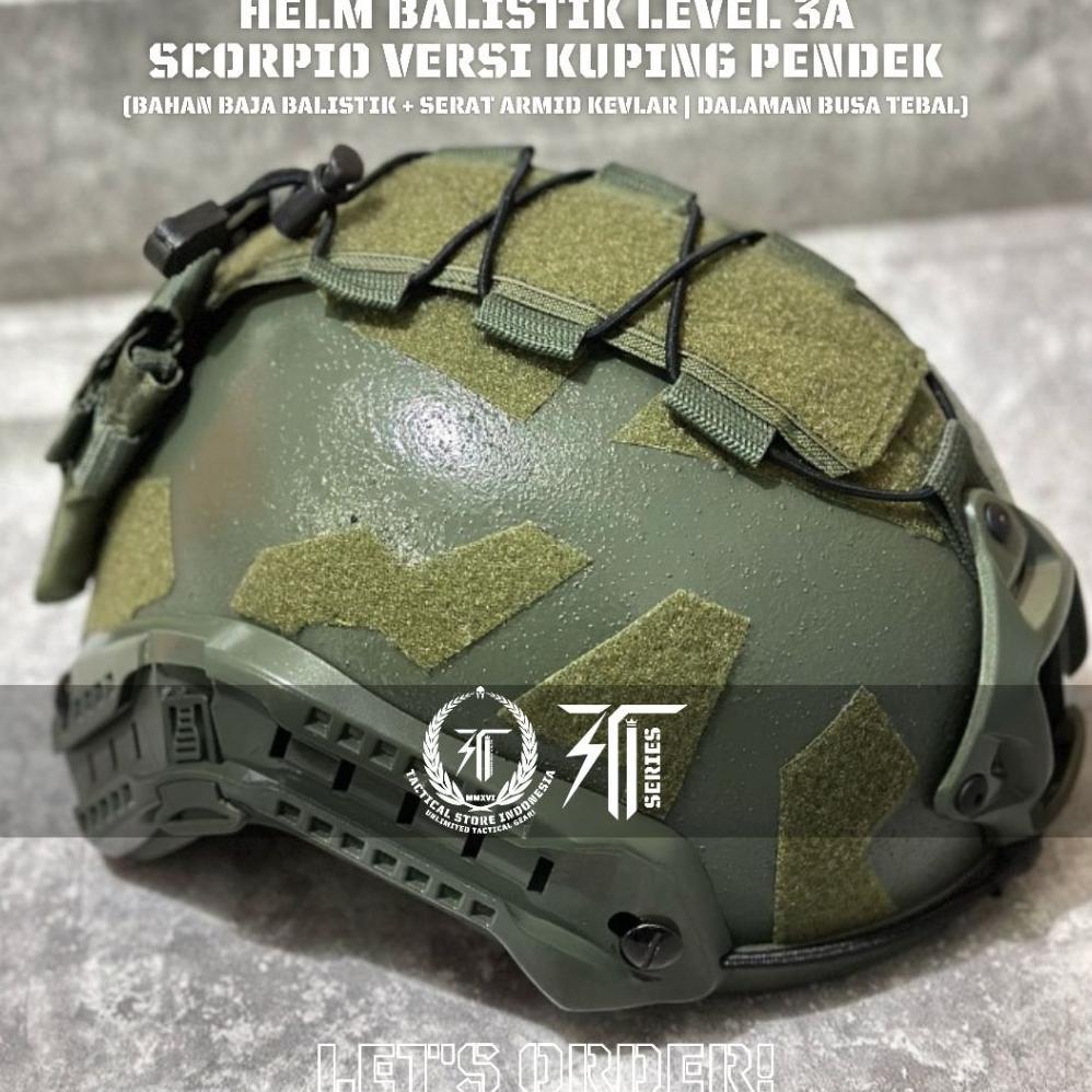 100% ORIGINAL - HELM BALISTIK LEVEL 3A MODE SCORPIO VERSI KUPING PENDEK - HIJAU ARMY VELCRO HIJAU AS