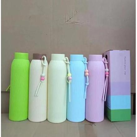 Tumbler Botol Kaca Lapis Plastik Warna Aesthetic Manik Korea Macaron Pastel Tali Gandul 400ml 2237