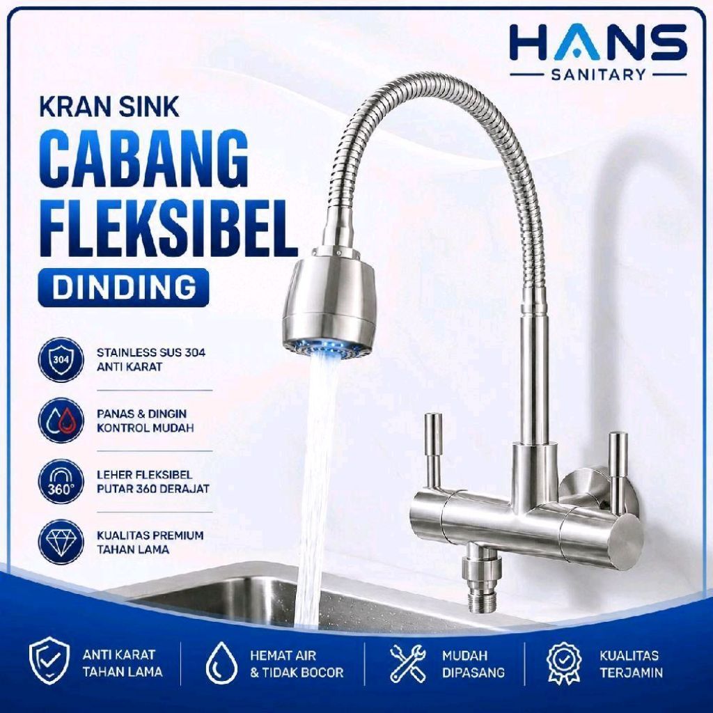 Kran Angsa Double / Keran Mesin Cuci / Keran Kitchen Sink Cabang Dinding