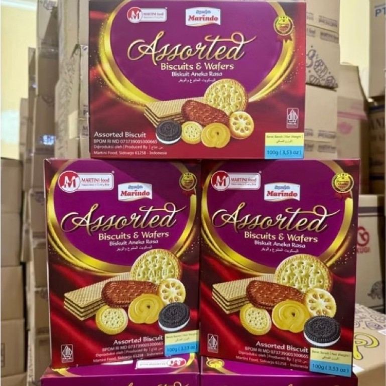 Marindo Assorted biscuit Pack 100 gr 1 karton x 24pcs Snack Hajatan Hampers