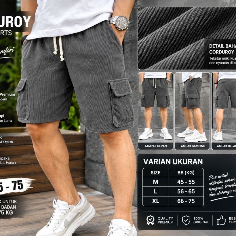 Celana Pendek Cargo Corduroy Crinkle | Refinee | Cargo Crinkle Shorts Pants