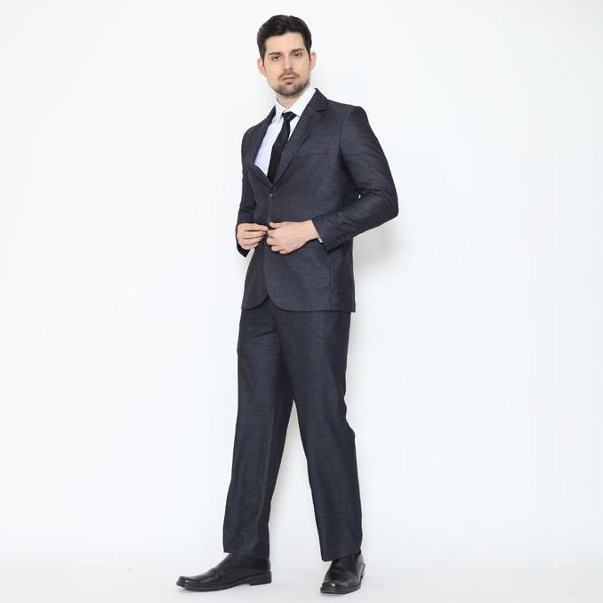 Lawell Setelan Jas Pria Abu Gelap Tekstur Weave dengan Celana Formal Regular Fit Jas Kancing Dua | K