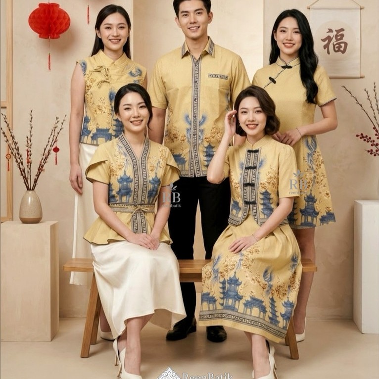 Batik Couple Imlek Cheongsam Seri Warna Pink Kuning